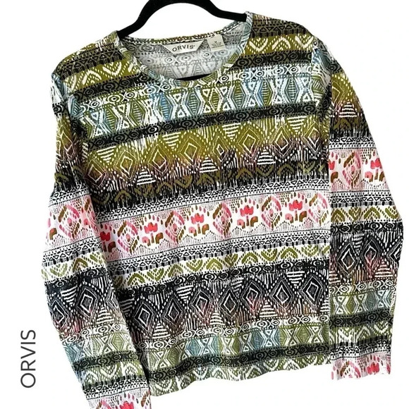 ORVIS NWOT AZTEC PRINT CREW NECK COTTON TEE LONG SLEEVE | SIZE: MEDIUM - Picture 1 of 7